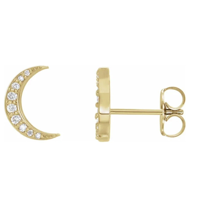 Gold moon-shaped earrings with diamond accents on a white background