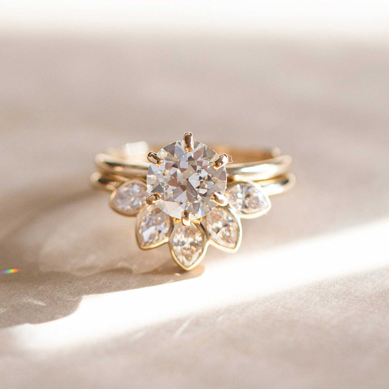 Old Mine Cut Solitaire and Marquise Wedding Set - Sara Gallo Custom Jewelers
