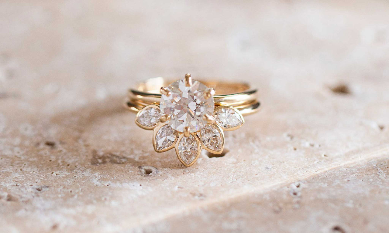 Old Mine Cut Solitaire and Marquise Wedding Set - Sara Gallo Custom Jewelers