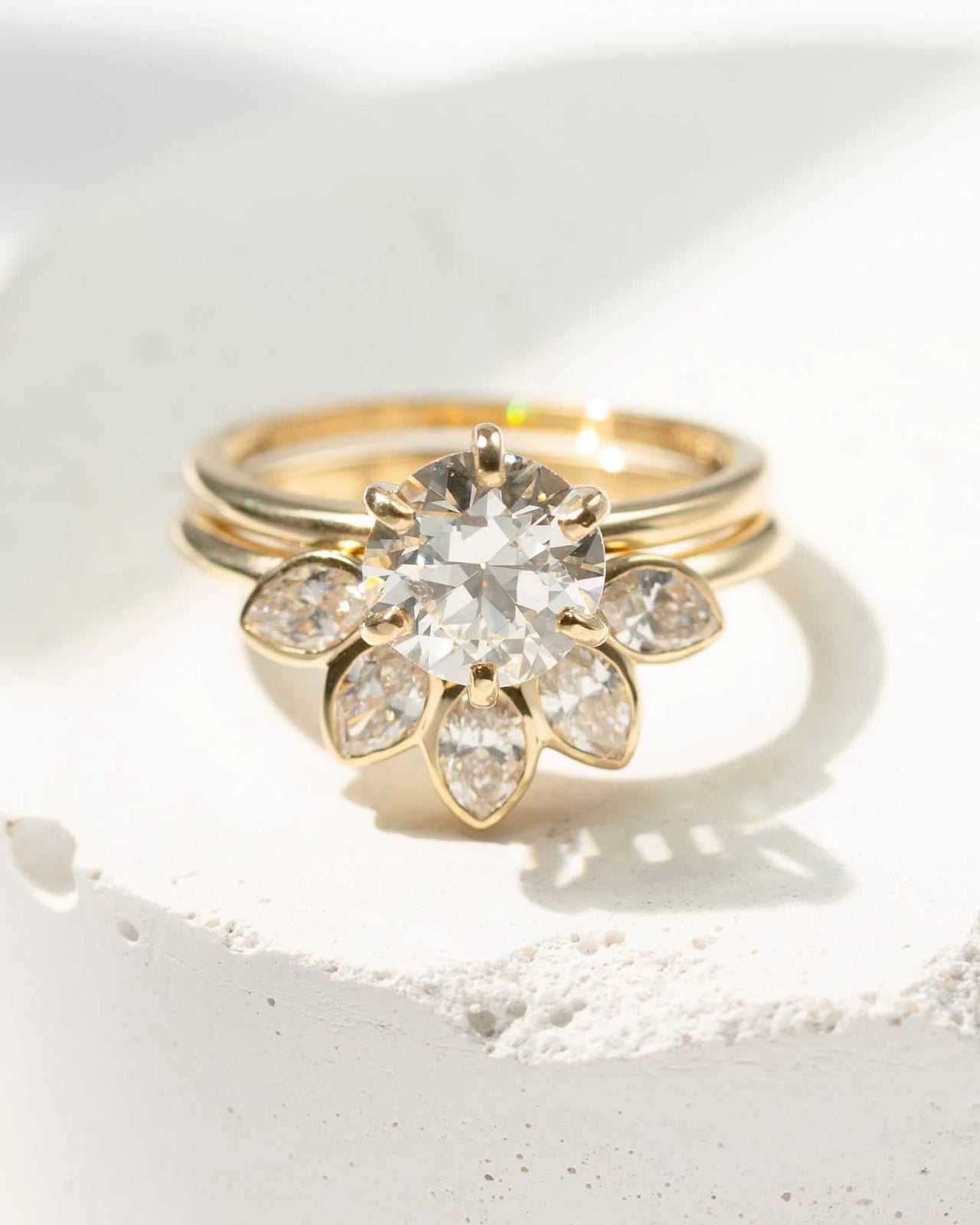 Old Mine Cut Solitaire and Marquise Wedding Set - Sara Gallo Custom Jewelers