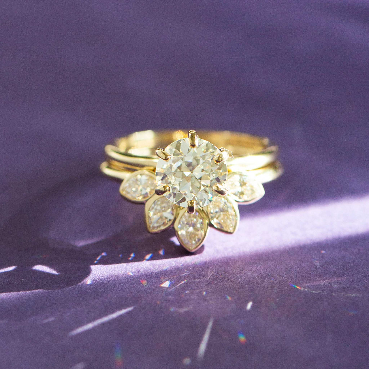 Old Mine Cut Solitaire and Marquise Wedding Set - Sara Gallo Custom Jewelers